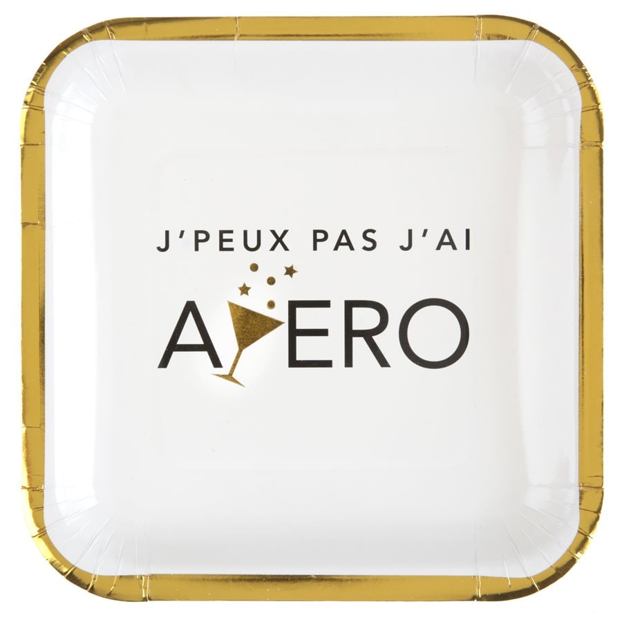 10 assiettes carrées apéro, blanc et or