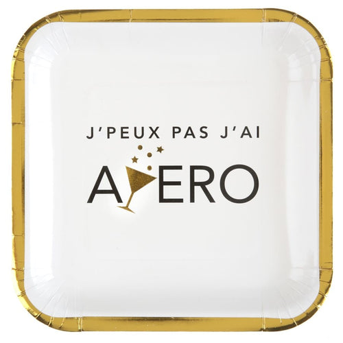10 assiettes carrées apéro, blanc et or