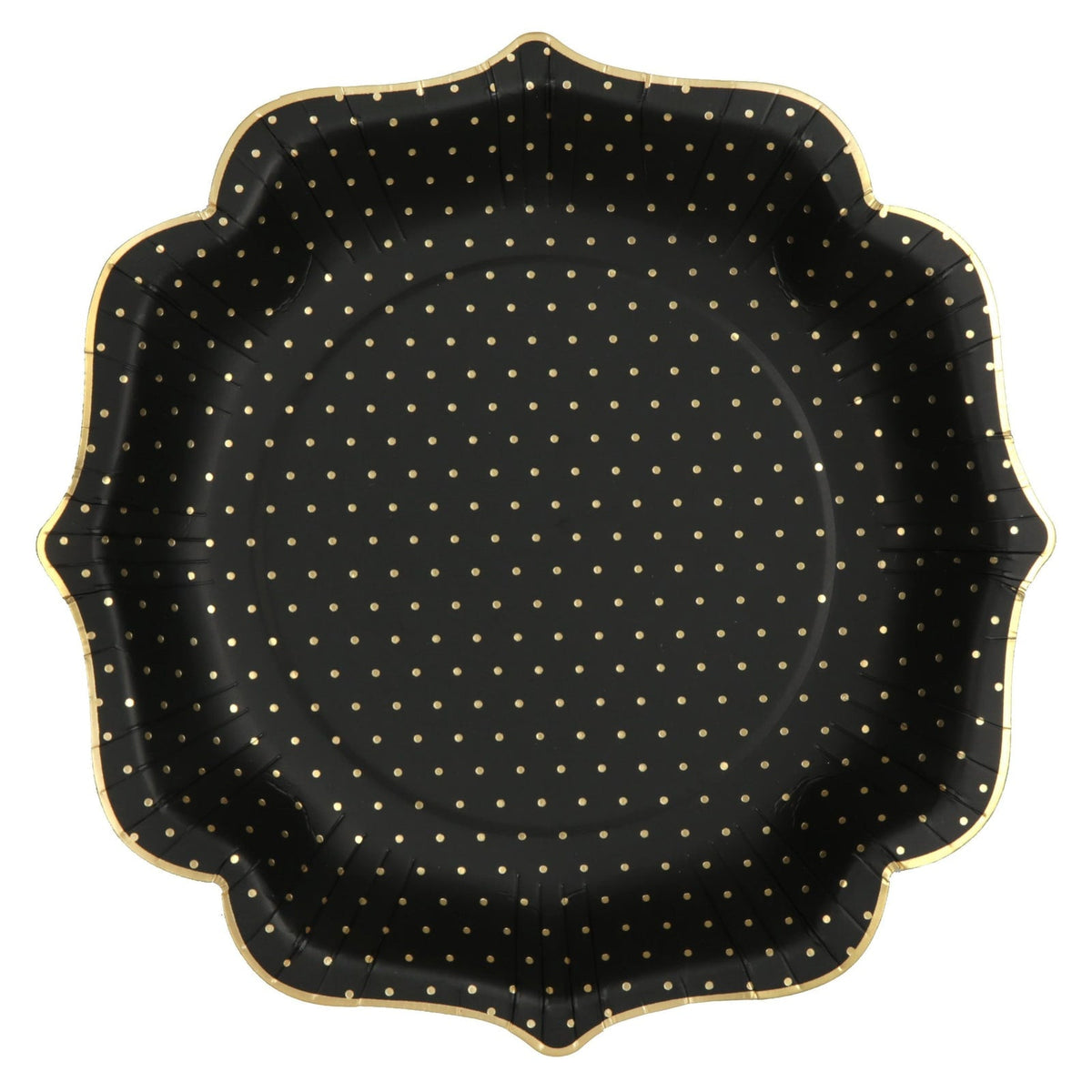 10 assiettes festonnées noires à pois dorés, 21 cm