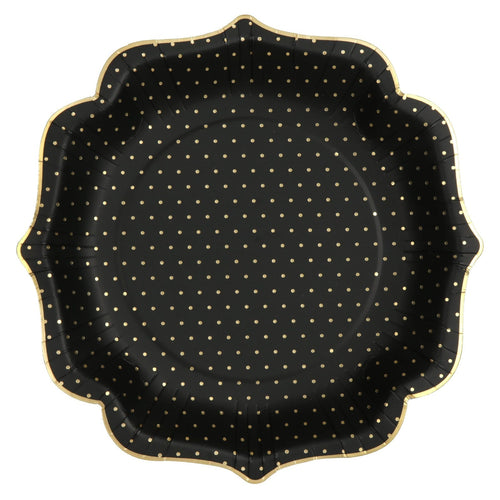 10 assiettes festonnées noires à pois dorés, 21 cm