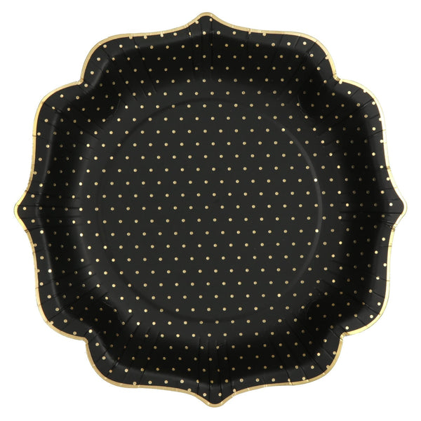 10 assiettes festonnées noires à pois dorés, 21 cm