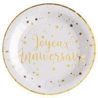 10 assiettes Joyeux anniversaire, blanc et or ou rose gold