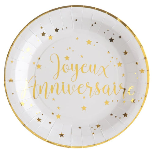 10 assiettes Joyeux anniversaire, blanc et or ou rose gold