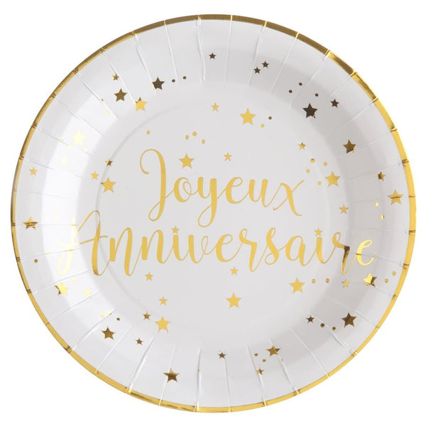 10 assiettes Joyeux anniversaire, blanc et or ou rose gold