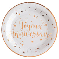 10 assiettes Joyeux anniversaire, blanc et or ou rose gold — vue 2