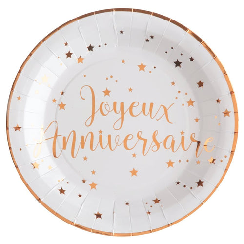 10 assiettes Joyeux anniversaire, blanc et or ou rose gold — vue 2