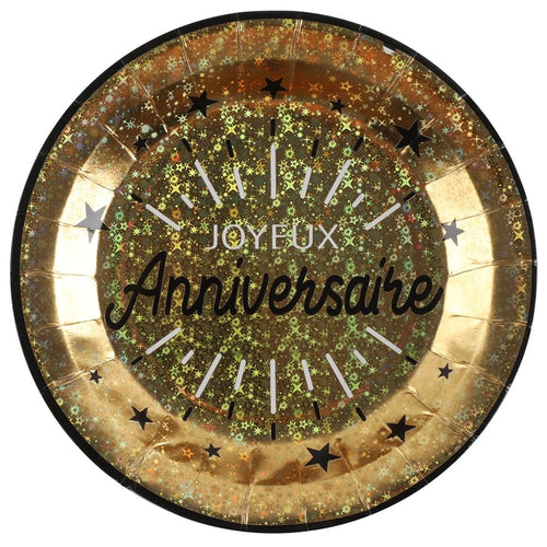 10 assiettes Joyeux anniversaire noir et or pailletées