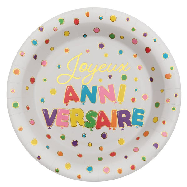 10 assiettes Joyeux anniversaire à pois multicolores