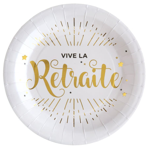 10 assiettes Vive la retraite, blanc et or