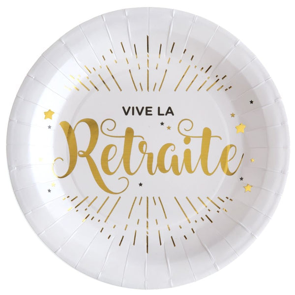 10 assiettes Vive la retraite, blanc et or