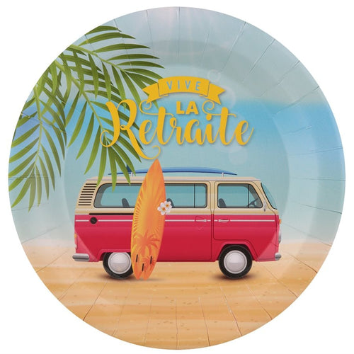 10 assiettes Vive la retraite, plage et van