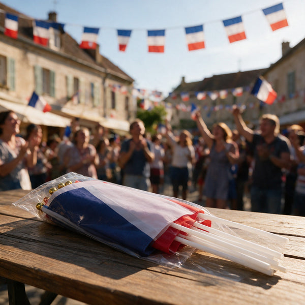10 drapeaux tricolores 20 x 30 cm en tissu, hampe 40 cm