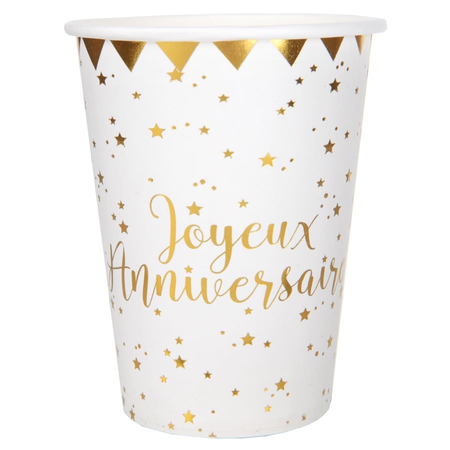 10 gobelets Joyeux anniversaire, blanc et or ou rose gold