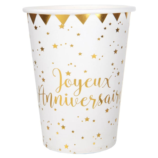 10 gobelets Joyeux anniversaire, blanc et or ou rose gold