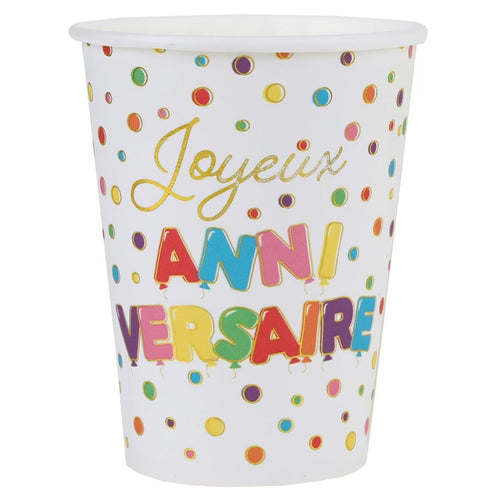 10 gobelets Joyeux anniversaire à pois multicolores