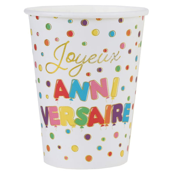 10 gobelets Joyeux anniversaire à pois multicolores