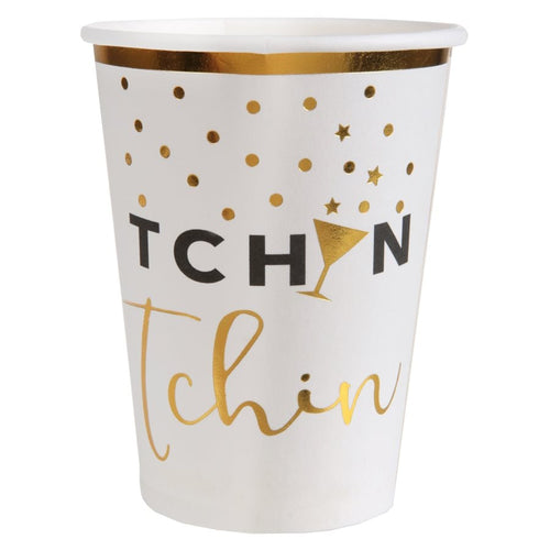 10 gobelets Tchin tchin, blanc et or