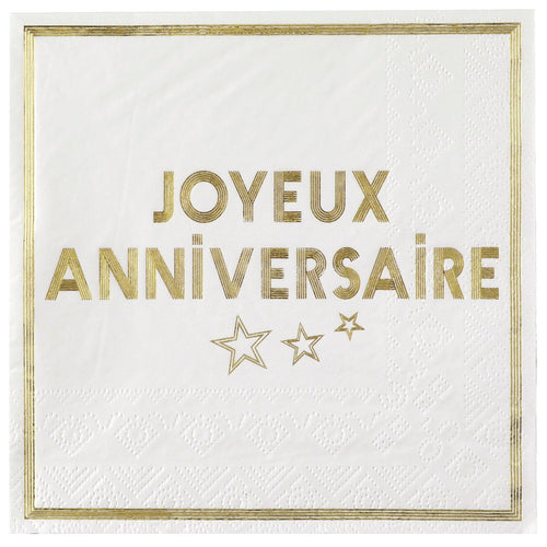 10 serviettes Joyeux anniversaire blanc et or