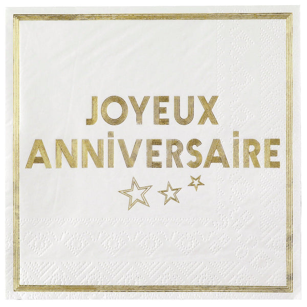 10 serviettes Joyeux anniversaire blanc et or