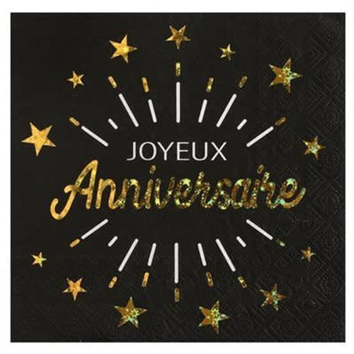 10 serviettes Joyeux anniversaire, noir et or ou rose gold