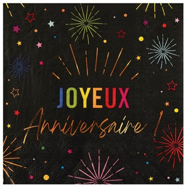 12 serviettes Joyeux anniversaire, noir et feux d'artifice