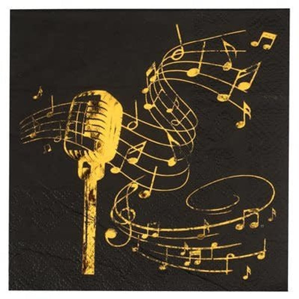 20 serviettes cocktail disque d'or, noir et or