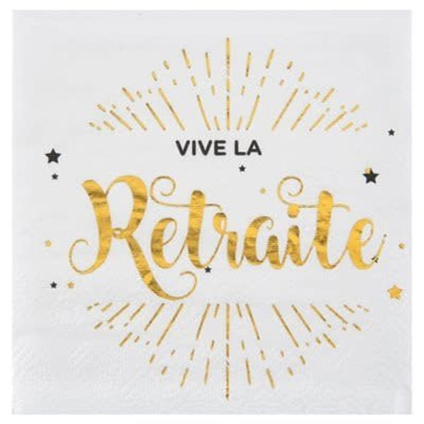 20 serviettes cocktail Vive la retraite, blanc et or