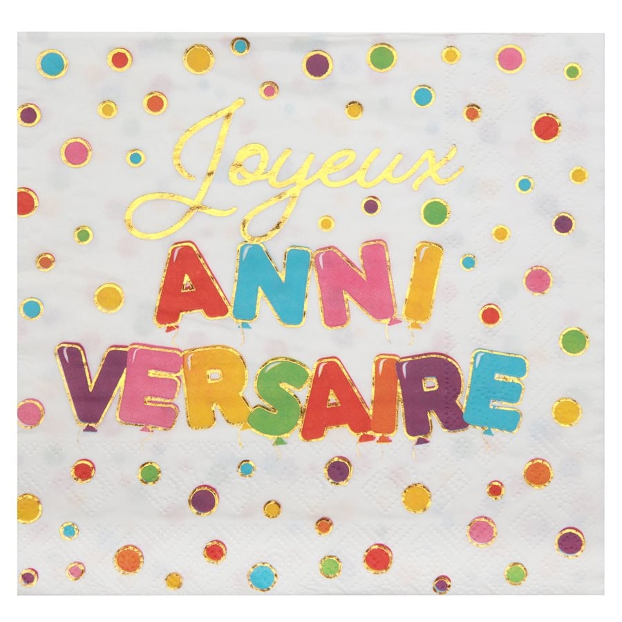 20 serviettes Joyeux anniversaire à pois multicolores