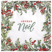 20 serviettes Joyeux Noël, couronne de houx