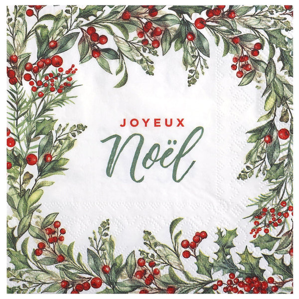 20 serviettes Joyeux Noël, couronne de houx