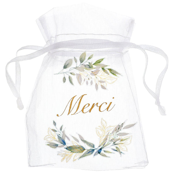 4 sachets organza Merci, feuillage vert