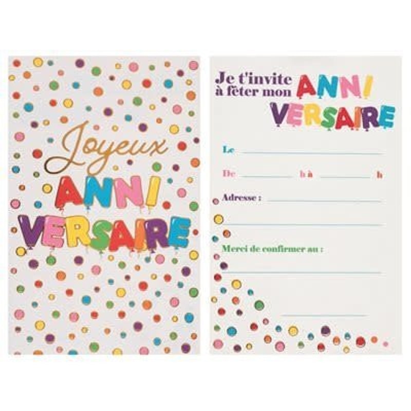 6 cartes d'invitation Joyeux anniversaire à pois