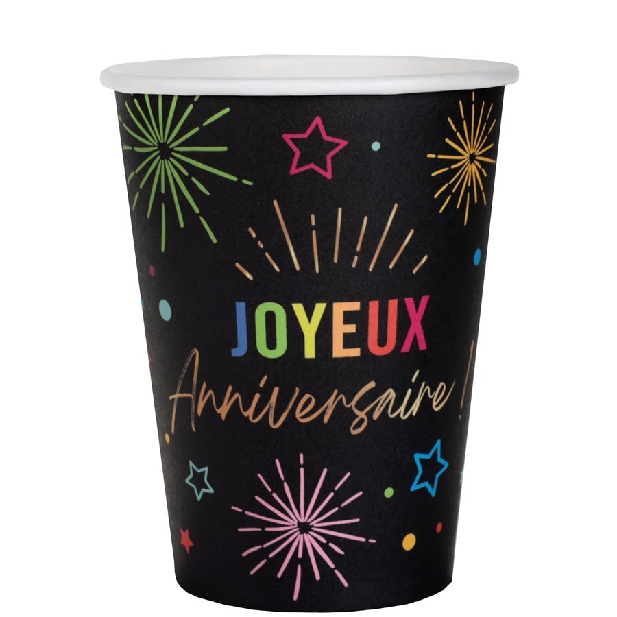 6 gobelets Joyeux anniversaire, noir et feux d'artifice