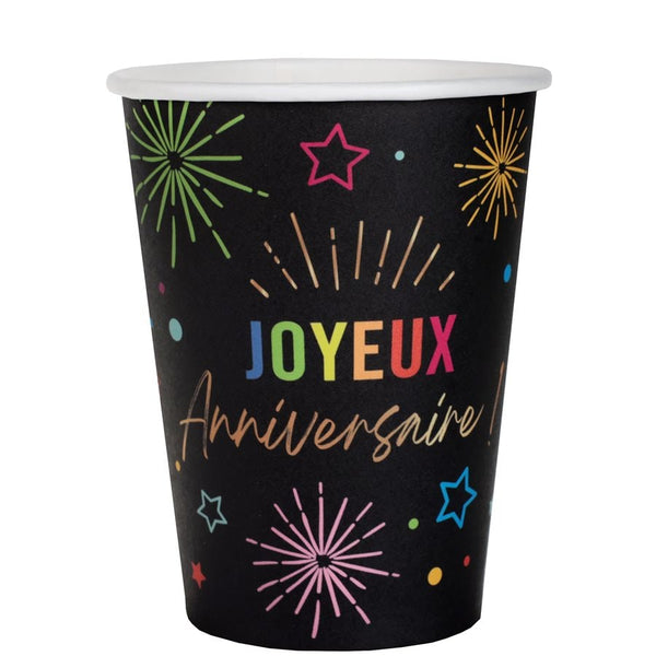 6 gobelets Joyeux anniversaire, noir et feux d'artifice