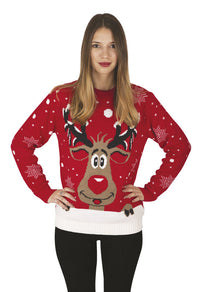 Pull de Noël adulte rouge à tête de cerf — visuel 1