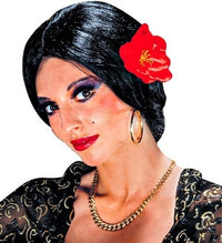 Perruque espagnole noire à chignon bas et fleur rouge