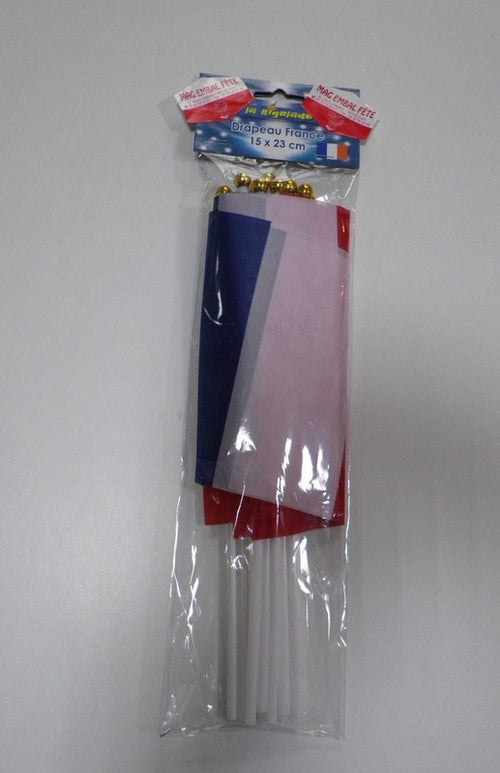 10 drapeaux tricolores 20 x 30 cm en tissu, hampe 40 cm — visuel 1
