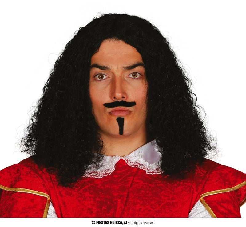 Perruque de mousquetaire brune avec moustache et barbichette
