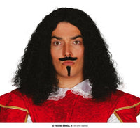 Perruque de mousquetaire brune avec moustache et barbichette