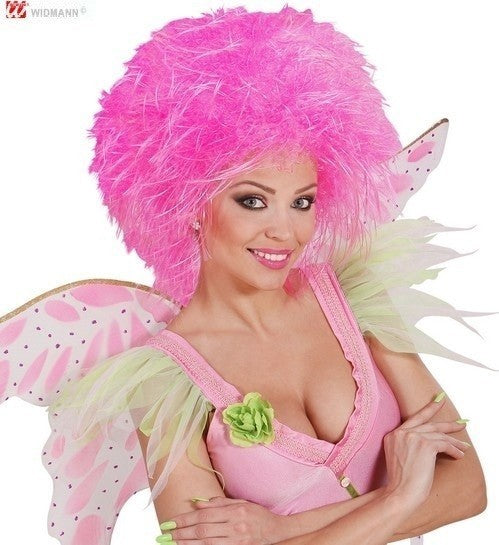 Perruque de fée rose fluo, mi-longue et volumineuse
