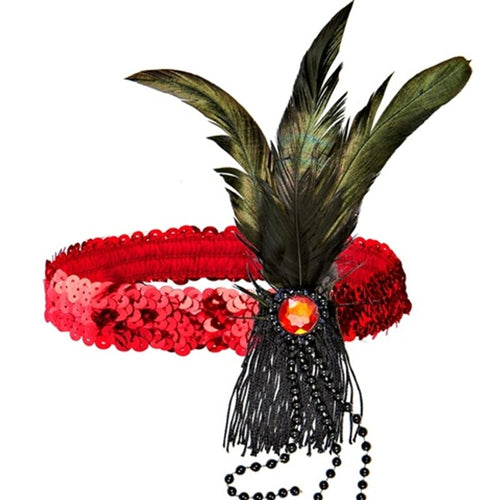 Bandeau charleston rouge à paillettes et plumes