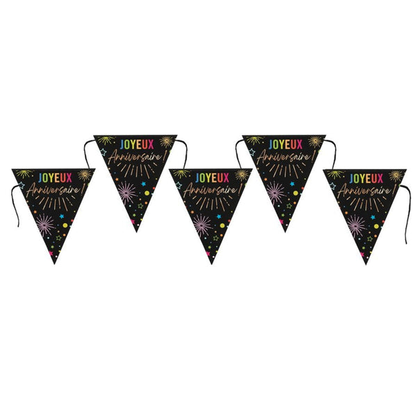 Banderole Joyeux anniversaire noire à feux d'artifice, 3 m
