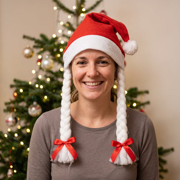 Bonnet de Mère Noël à deux tresses et nœud rouge