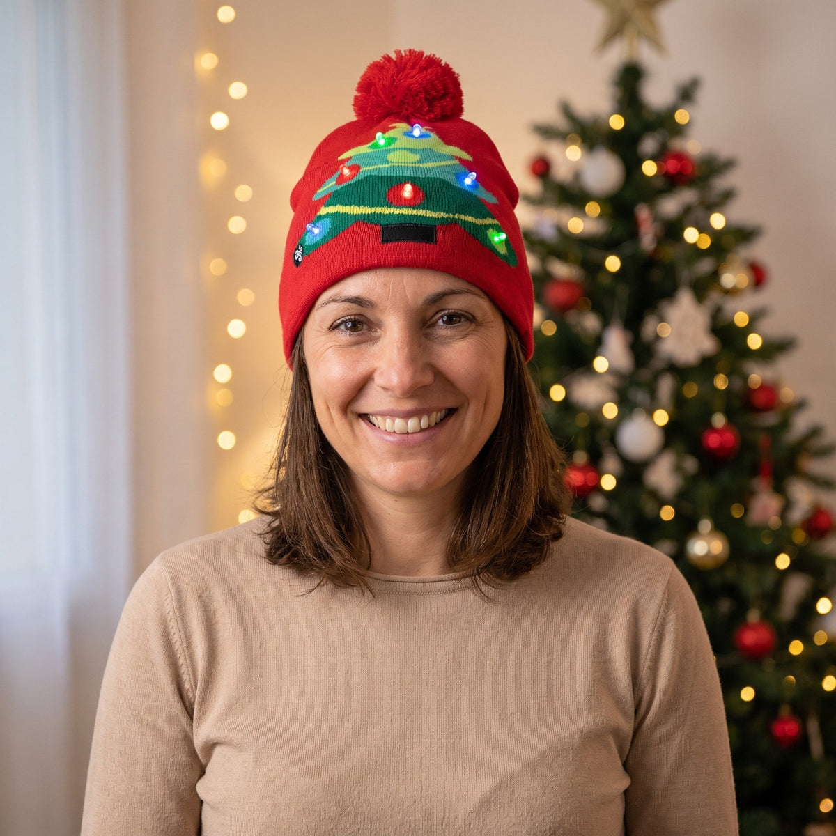 Bonnet de Noël tricoté lumineux à LED avec pompon