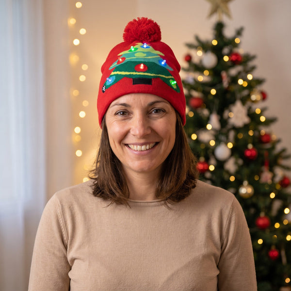 Bonnet de Noël tricoté lumineux à LED avec pompon