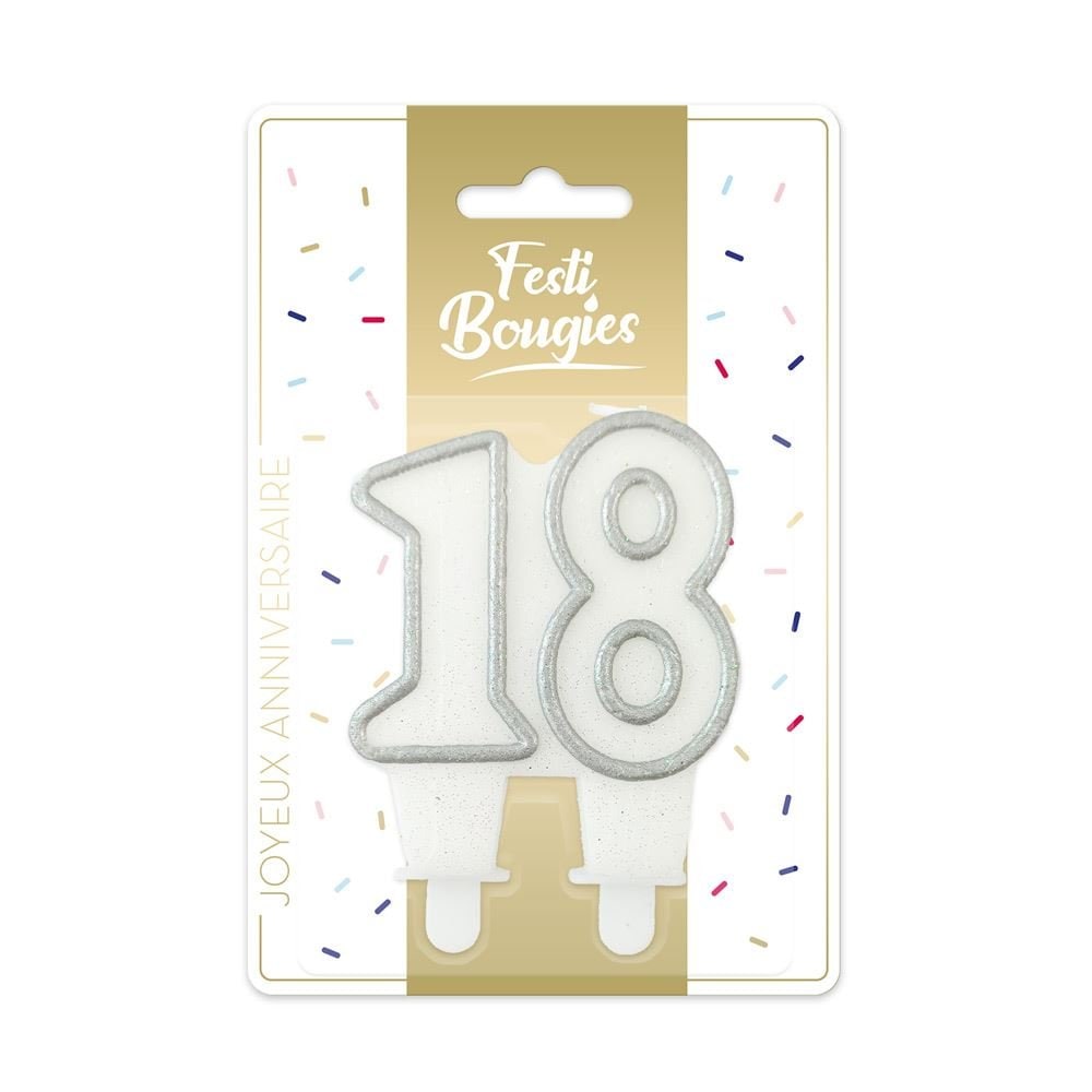 Bougie d'anniversaire chiffre blanc et or, 18 à 70 ans