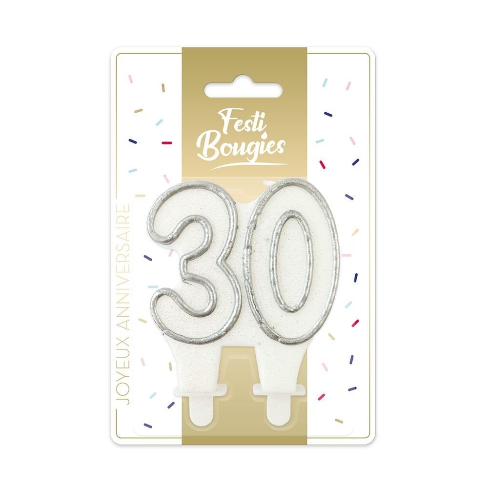 Bougie d'anniversaire chiffre blanc et or, 18 à 70 ans — vue 3