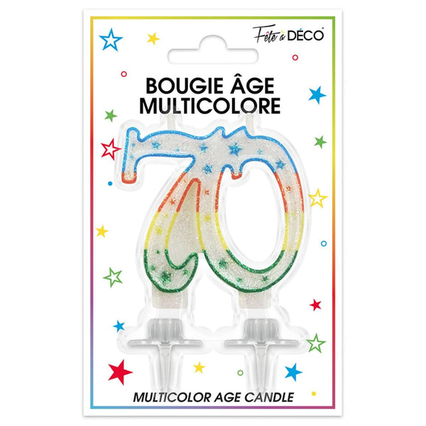 Bougie chiffre 70 ans multicolore