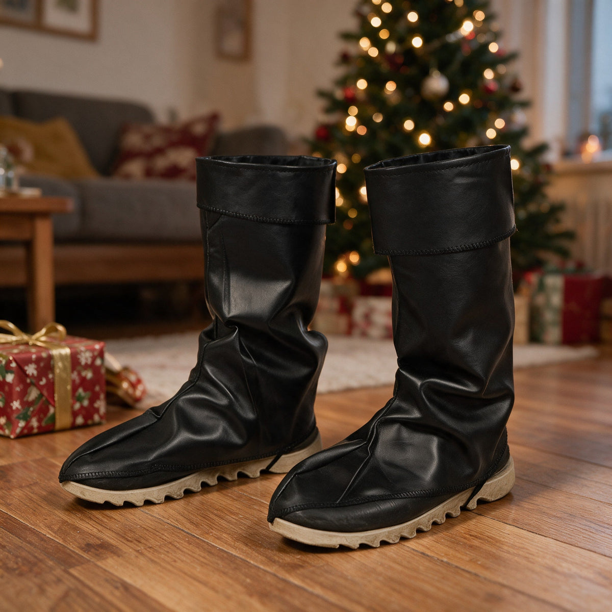 Cache-bottes en simili cuir noir, paire à revers