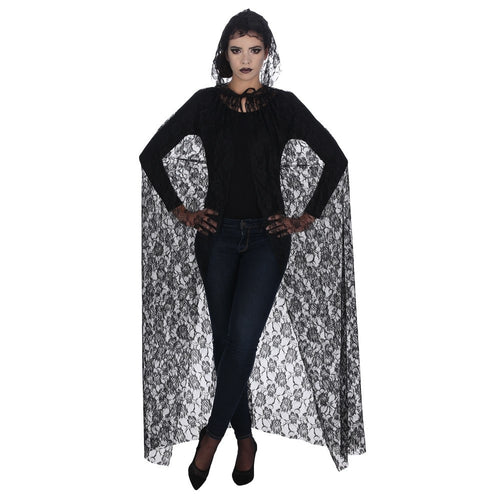 Cape en dentelle noire à capuche, 150 cm